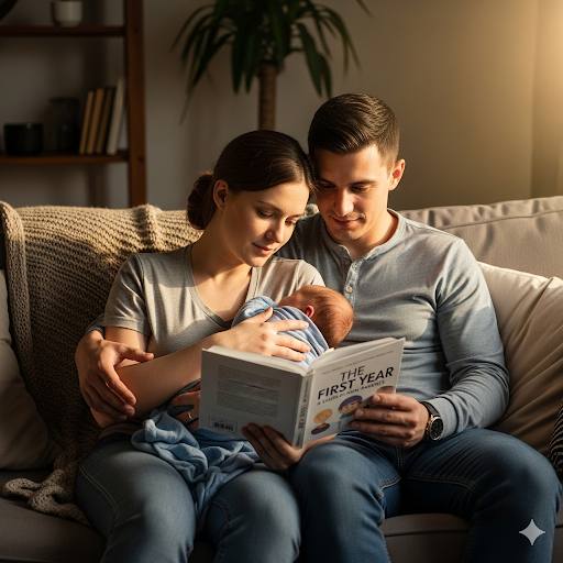 Padres primerizos sentados en un sofá acogedor en casa, sosteniendo a su recién nacido mientras leen juntos un libro sobre bebés, luz natural, tonos cálidos y suaves, fotografía realista, ambiente íntimo y familiar