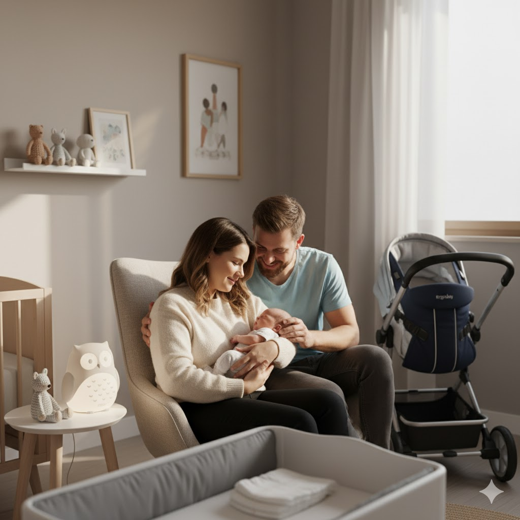 Escena tierna y acogedora de padres primerizos cuidando a su recién nacido en casa. La madre sostiene al bebé mientras el padre observa sonriendo. Alrededor