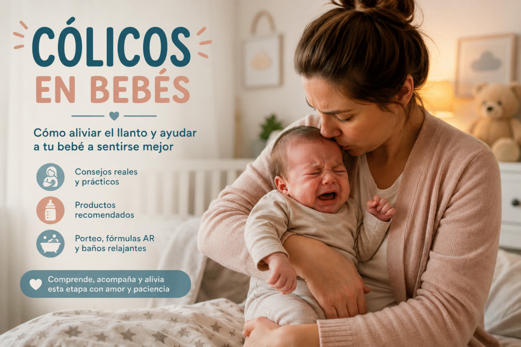 Cólicos en bebés y soluciones naturales como porteo ergonómico, leche AR y baños relajantes para aliviar el llanto infantil.